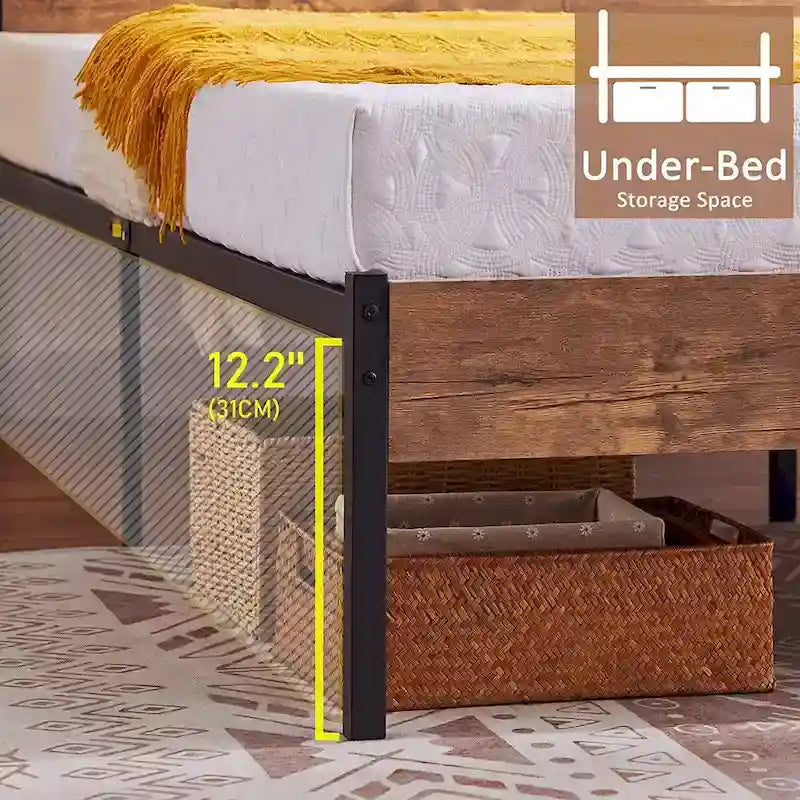 Javlergo Metal Platform Bed Frame with Wooden Headboard and Footboard, Industrial Metal Bedframe No Box Spring Needed