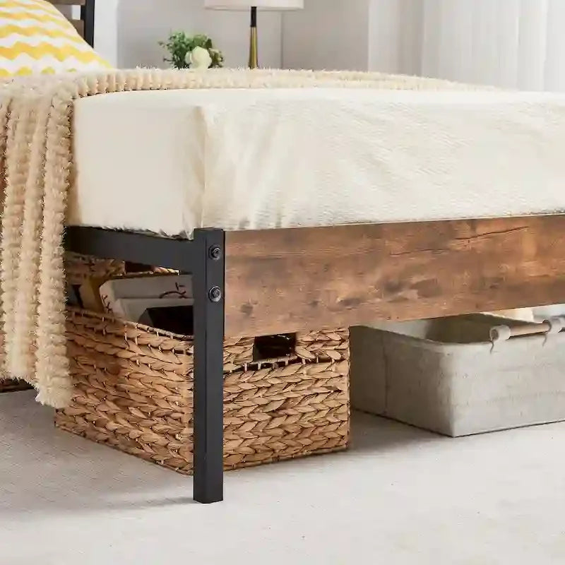 Javlergo Metal Platform Bed Frame with Wooden Headboard and Footboard, Industrial Metal Bedframe No Box Spring Needed