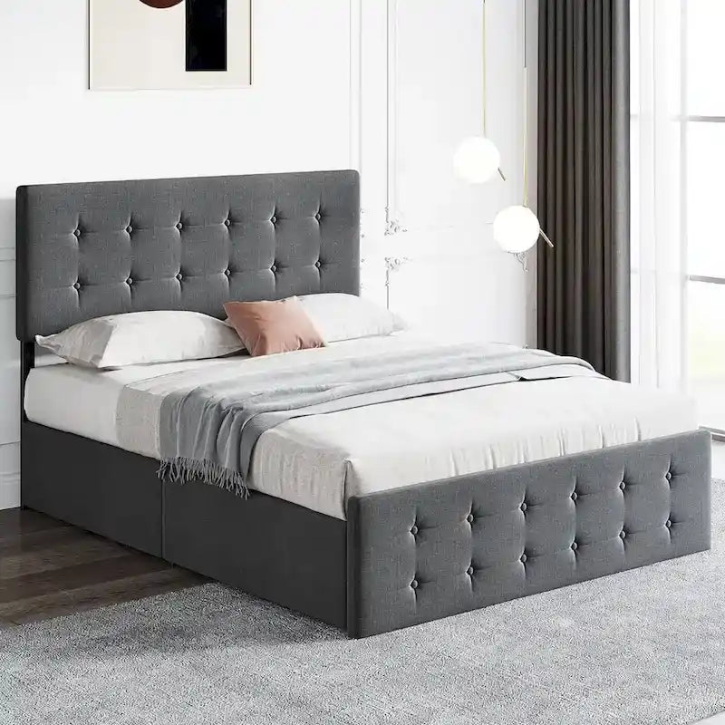 Linen Upholstered Bed Frame - Tufted - 4 Drawers - Adjustable Headboard