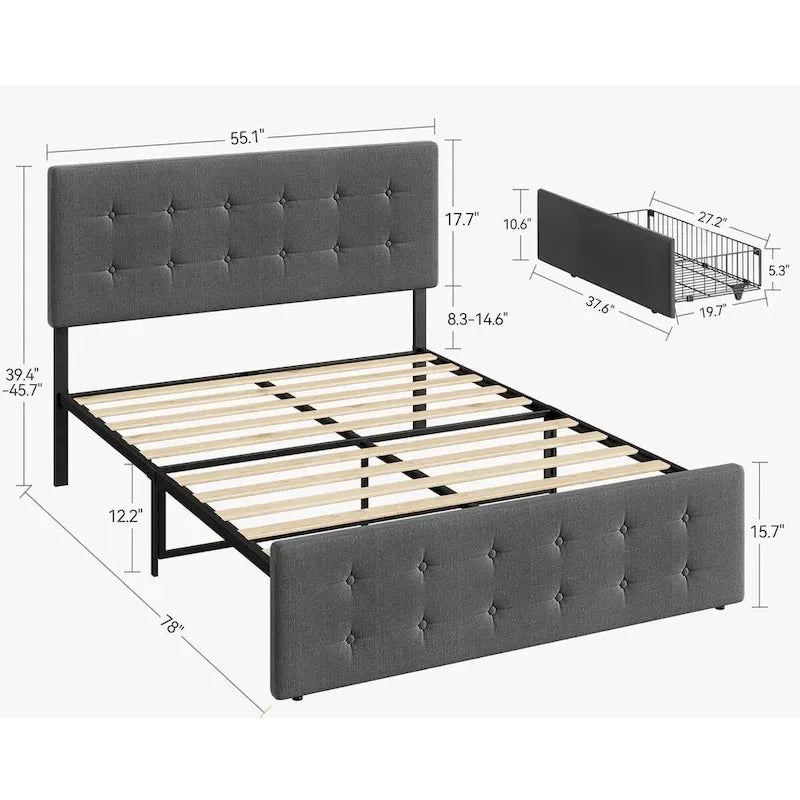 Linen Upholstered Bed Frame - Tufted - 4 Drawers - Adjustable Headboard
