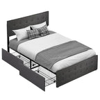 Linen Upholstered Bed Frame - Tufted - 4 Drawers - Adjustable Headboard