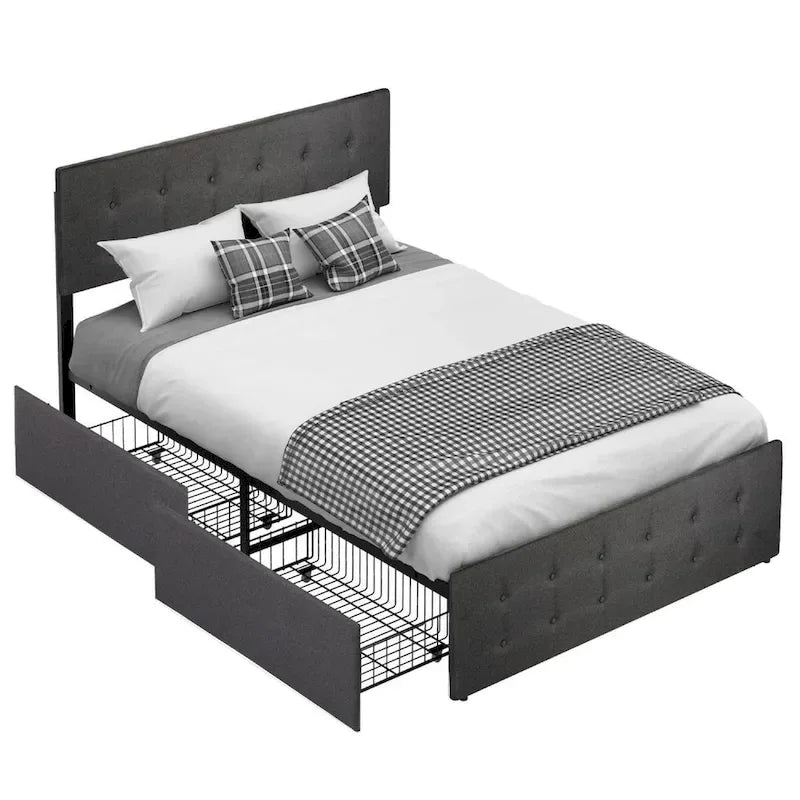 Linen Upholstered Bed Frame - Tufted - 4 Drawers - Adjustable Headboard