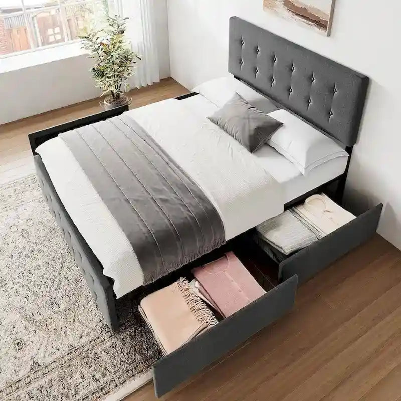 Linen Upholstered Bed Frame - Tufted - 4 Drawers - Adjustable Headboard