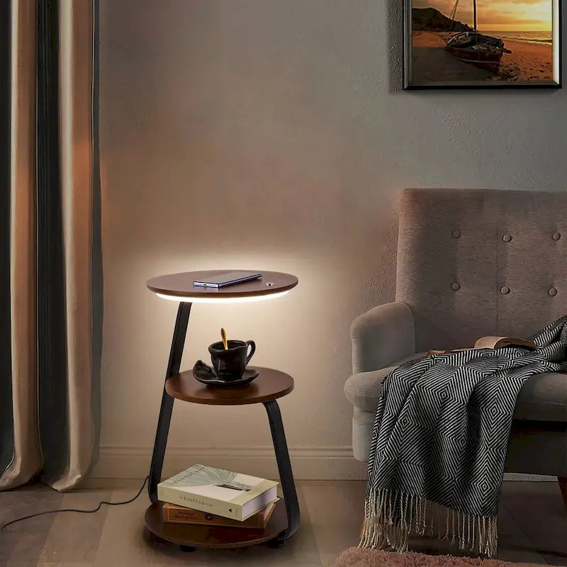 Rustic Brown 3-Tier Round Side Table with LED Light & Charging Station