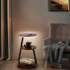 Rustic Brown 3-Tier Round Side Table with LED Light & Charging Station