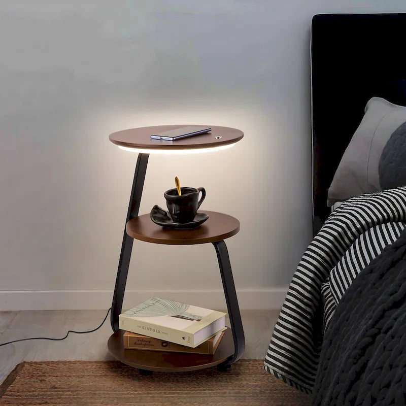 Rustic Brown 3-Tier Round Side Table with LED Light & Charging Station