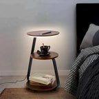 Rustic Brown 3-Tier Round Side Table with LED Light & Charging Station