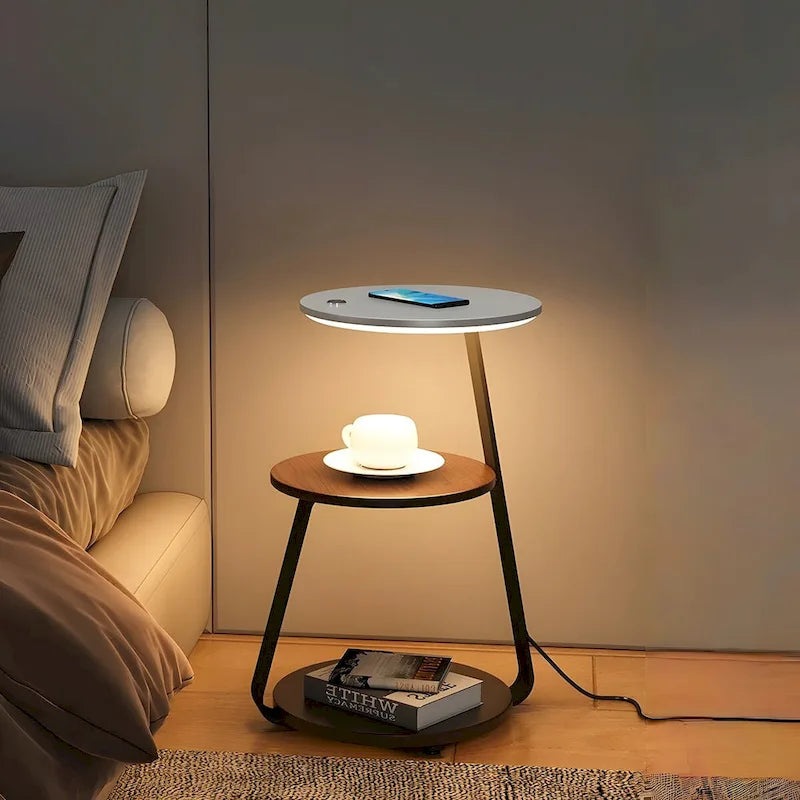 Rustic Brown 3-Tier Round Side Table with LED Light & Charging Station