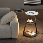 Rustic Brown 3-Tier Round Side Table with LED Light & Charging Station