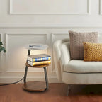 Rustic Brown 3-Tier Round Side Table with LED Light & Charging Station