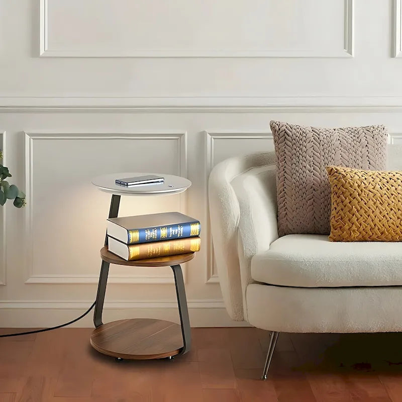 Rustic Brown 3-Tier Round Side Table with LED Light & Charging Station