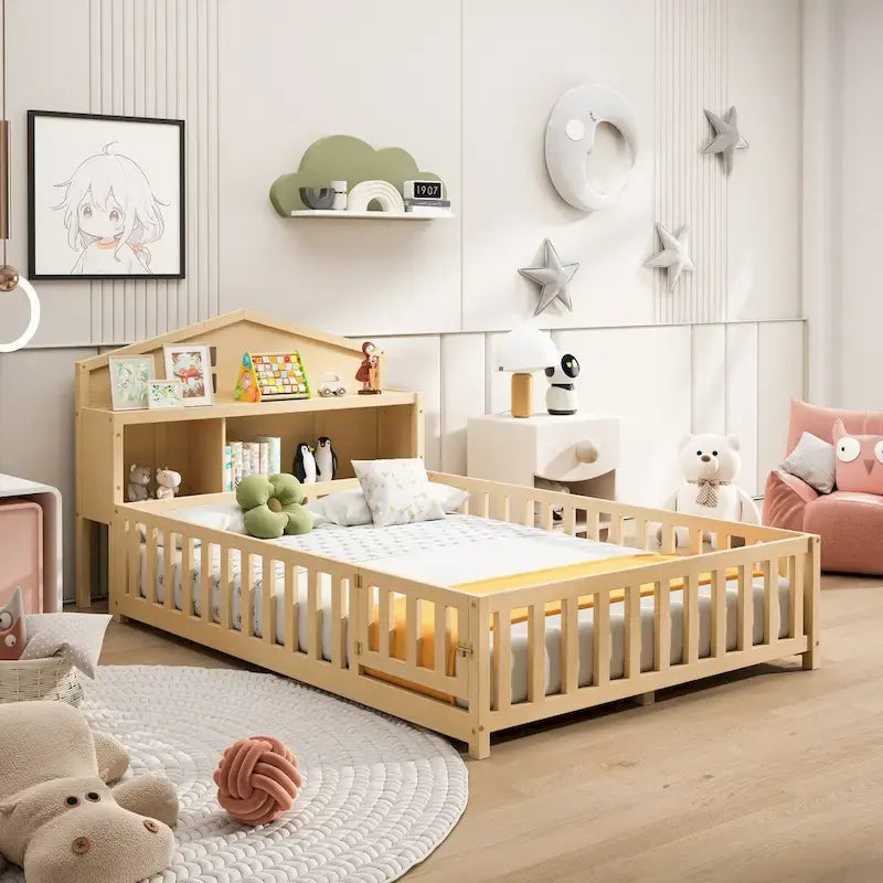 Full-size Floor Beds with Bookcases and Blackboards for Kids