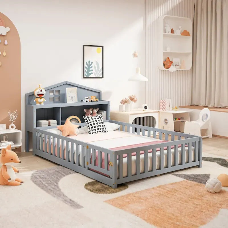Full-size Floor Beds with Bookcases and Blackboards for Kids