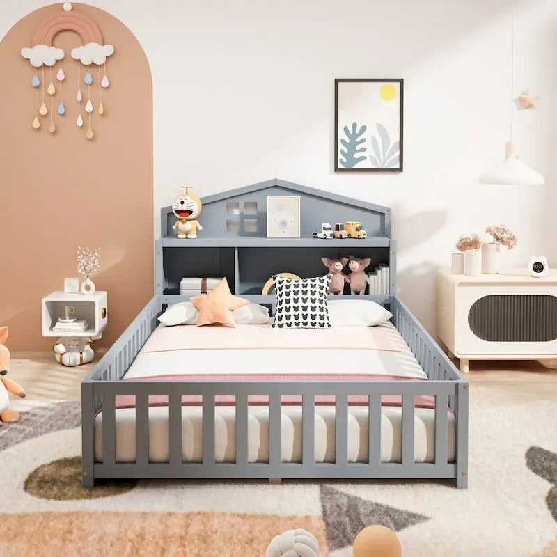 Full-size Floor Beds with Bookcases and Blackboards for Kids