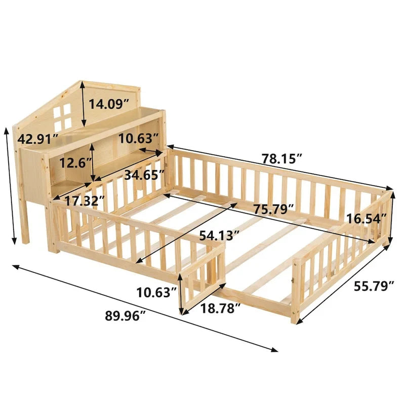 Full-size Floor Beds with Bookcases and Blackboards for Kids