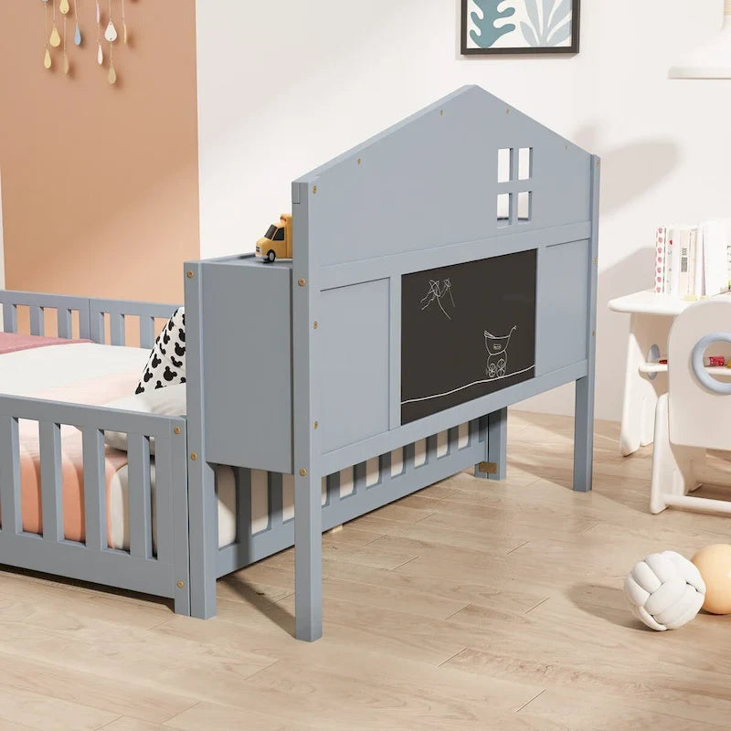 Full-size Floor Beds with Bookcases and Blackboards for Kids