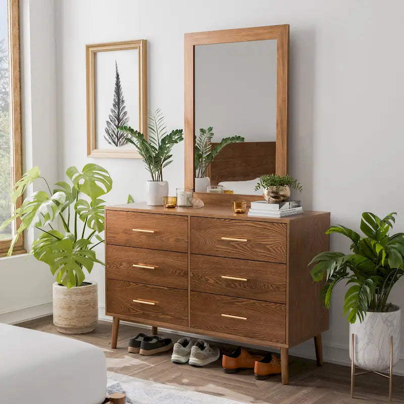  Beau Midcentury Walnut 2-Piece Dresser and Mirror Set