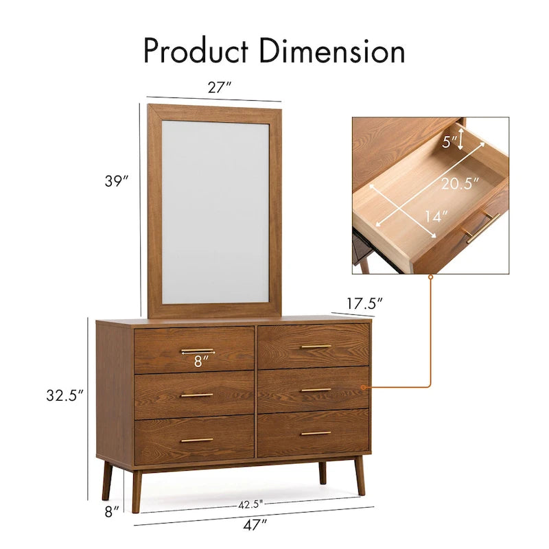 Beau Midcentury Walnut 2-Piece Dresser and Mirror Set
