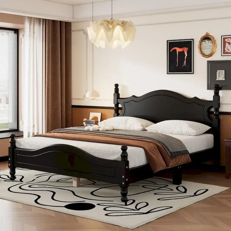 Queen Size Wood Platform Bed Frame,Retro Style Platform Bed with Wooden Slat Support