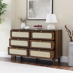 Modern Rattan Solid Wood Dresser with 6 Drawers for Bedroom