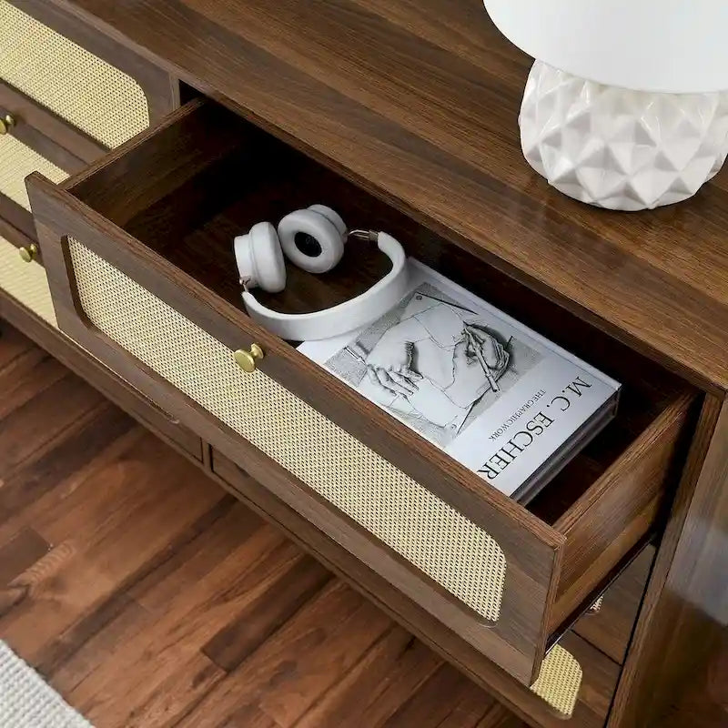 Modern Rattan Solid Wood Dresser with 6 Drawers for Bedroom