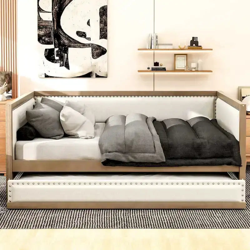 Nestfair Full Size Upholstered Daybed with Trundle or 2 Drawers and Nailhead Decoration