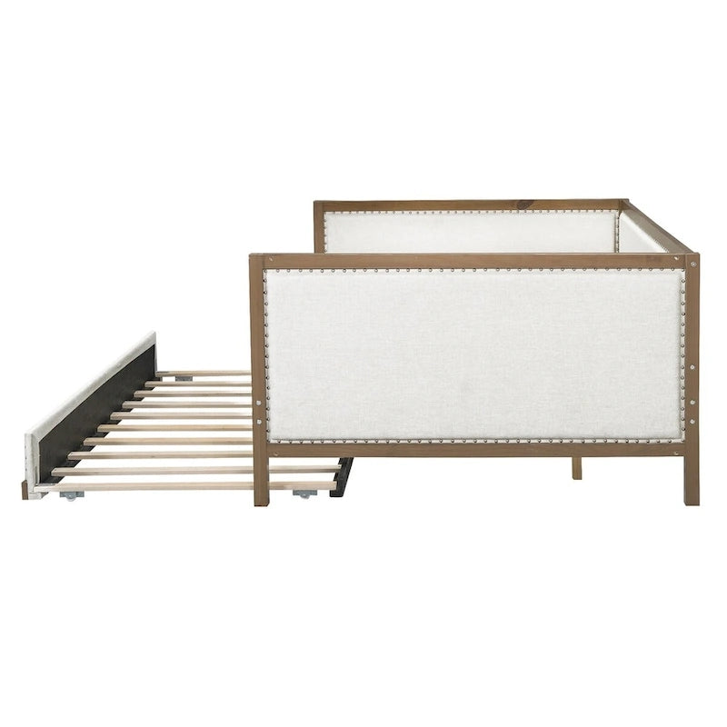 Nestfair Full Size Upholstered Daybed with Trundle or 2 Drawers and Nailhead Decoration