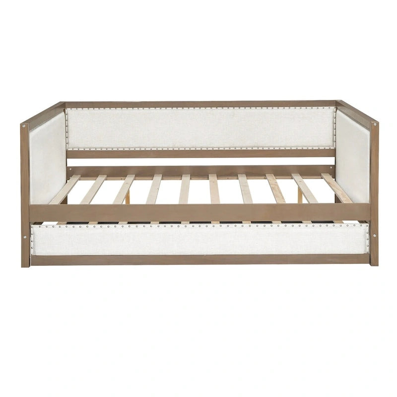 Nestfair Full Size Upholstered Daybed with Trundle or 2 Drawers and Nailhead Decoration