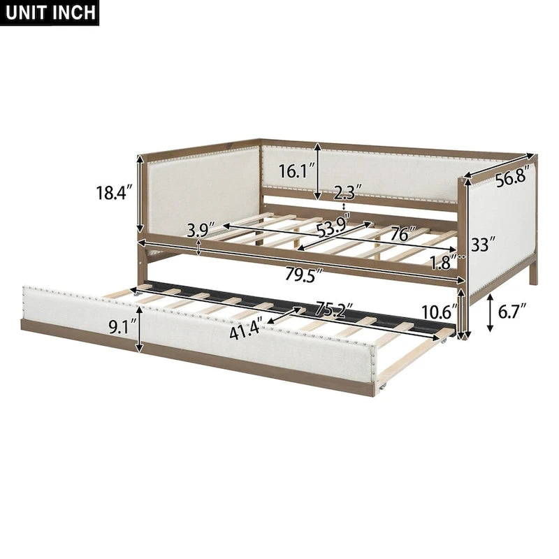 Nestfair Full Size Upholstered Daybed with Trundle or 2 Drawers and Nailhead Decoration