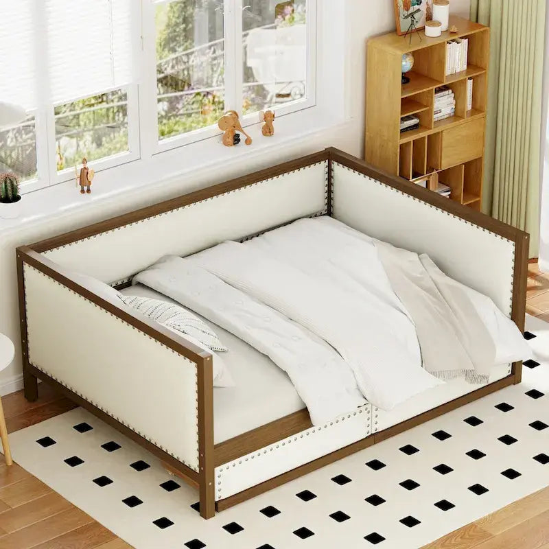 Nestfair Full Size Upholstered Daybed with Trundle or 2 Drawers and Nailhead Decoration