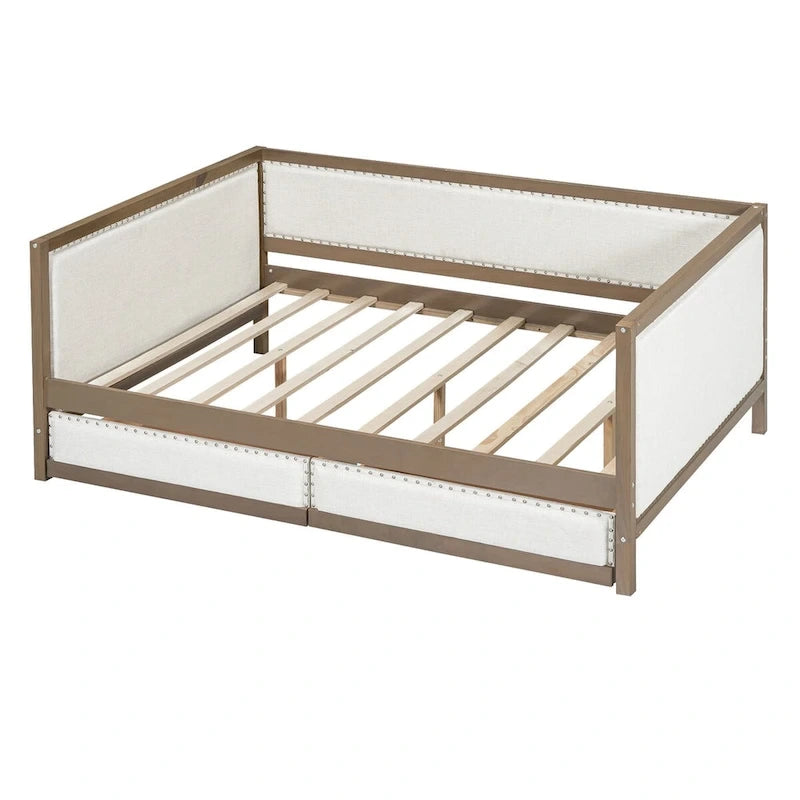 Nestfair Full Size Upholstered Daybed with Trundle or 2 Drawers and Nailhead Decoration