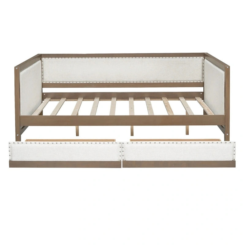 Nestfair Full Size Upholstered Daybed with Trundle or 2 Drawers and Nailhead Decoration