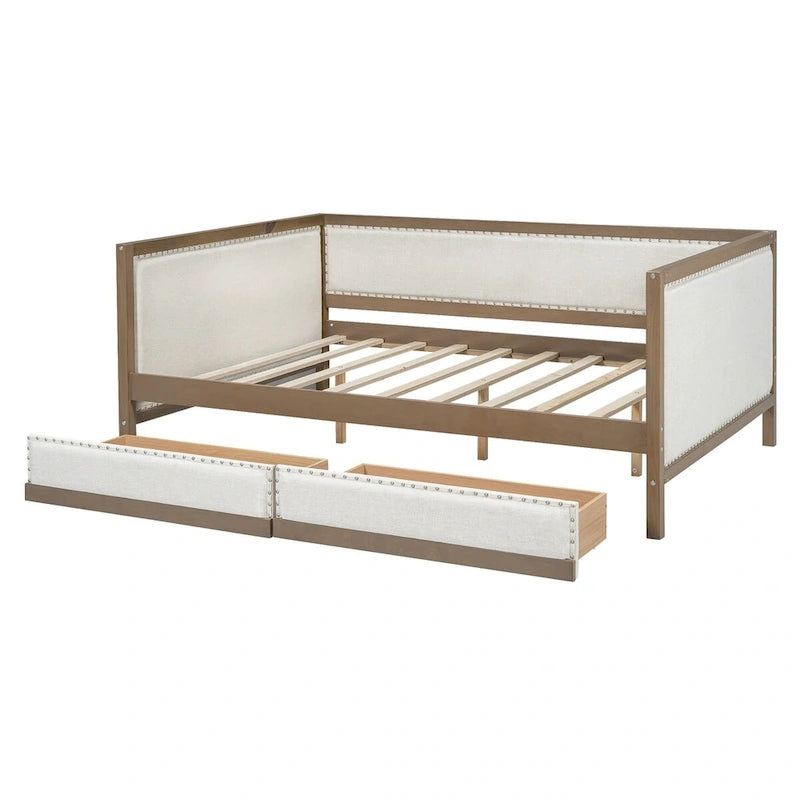 Nestfair Full Size Upholstered Daybed with Trundle or 2 Drawers and Nailhead Decoration