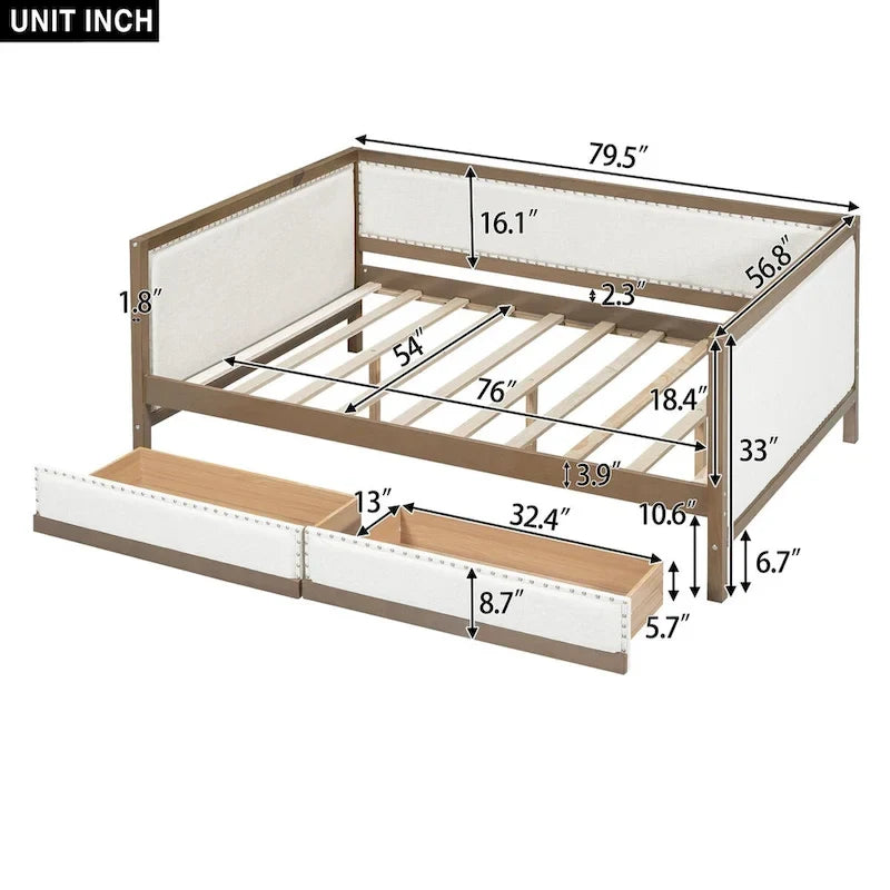 Nestfair Full Size Upholstered Daybed with Trundle or 2 Drawers and Nailhead Decoration