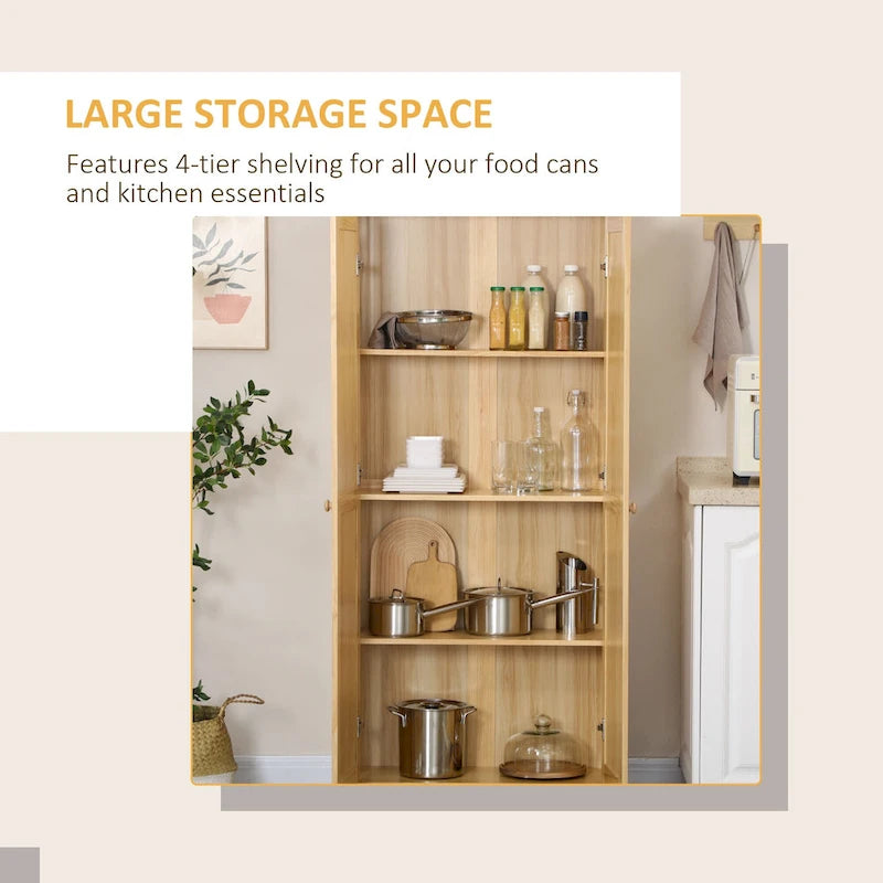 67 Pinewood Kitchen Pantry Storage Cabinet, Freestanding Cabinets with Doors and Shelf Adjustability, Soft-Close Mechanism