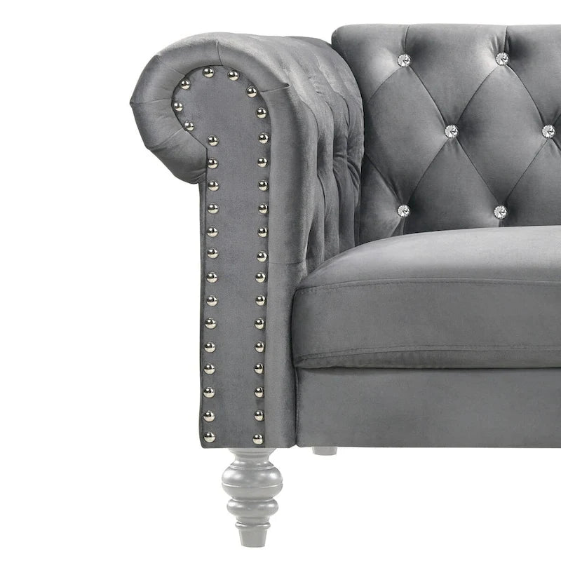 Ben 62 Inch Velvet Loveseat with Crystal Tufted Back, Grey