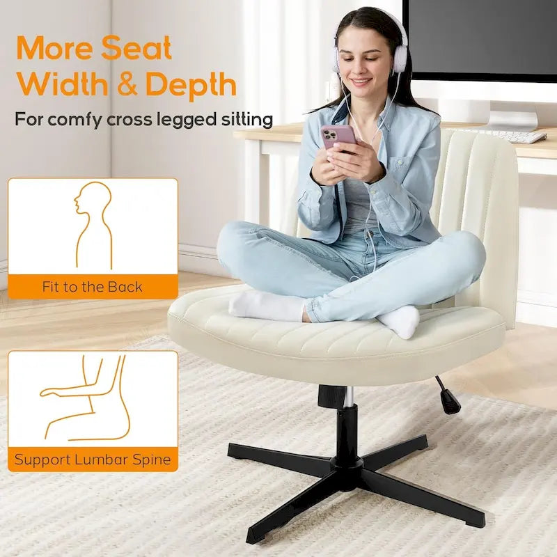 Home Office Desk Chair Criss Cross Legged Office, Wide Comfty Desk, Wheels Armless Computer Task, Swivel Vanity Home Chair