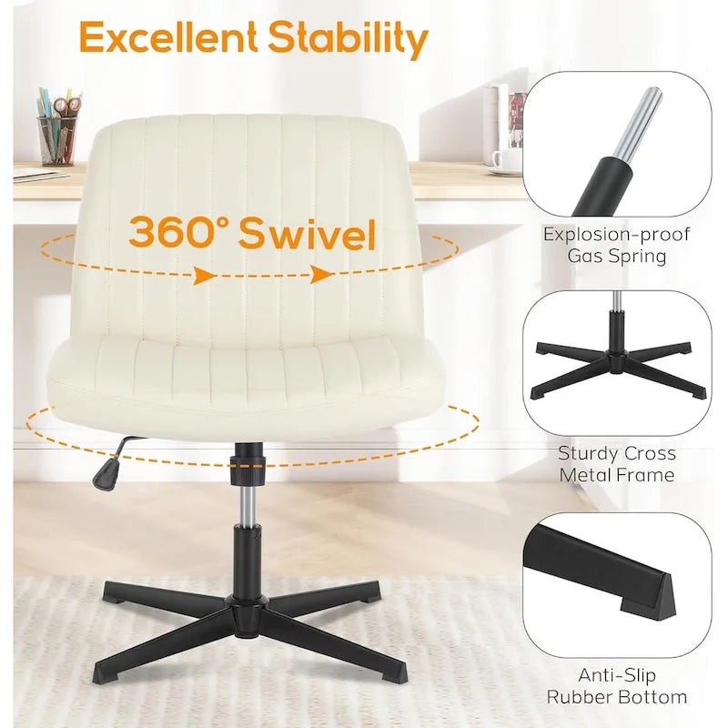 Home Office Desk Chair Criss Cross Legged Office, Wide Comfty Desk, Wheels Armless Computer Task, Swivel Vanity Home Chair