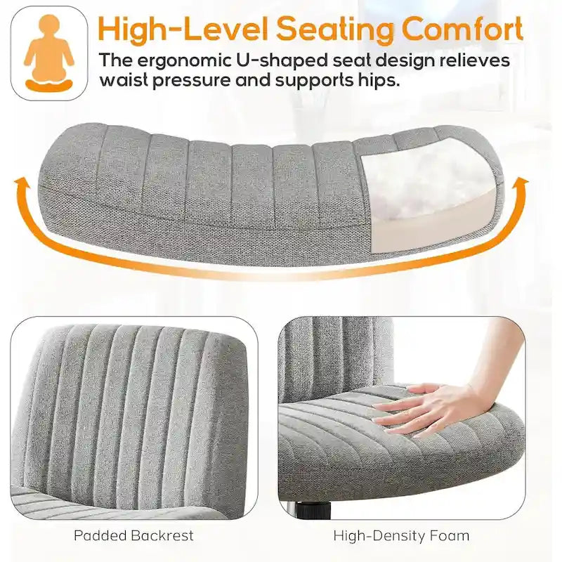 Home Office Desk Chair Criss Cross Legged Office, Wide Comfty Desk, Wheels Armless Computer Task, Swivel Vanity Home Chair