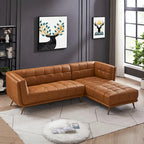 Kameron Luxury Modern Chesterfield Genuine Leather Sectional Couch in Cognac Tan
