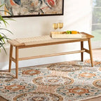 Grondin Boho Style Indoor Solid Oak Wood Bench with Woven Rope Seat and Mortise Tenon Joint for Entryway Bedroom Dining Room