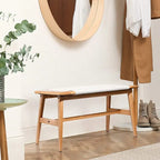 Grondin Boho Style Indoor Solid Oak Wood Bench with Woven Rope Seat and Mortise Tenon Joint for Entryway Bedroom Dining Room