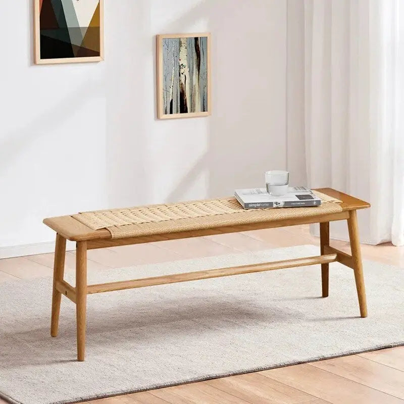 Grondin Boho Style Indoor Solid Oak Wood Bench with Woven Rope Seat and Mortise Tenon Joint for Entryway Bedroom Dining Room