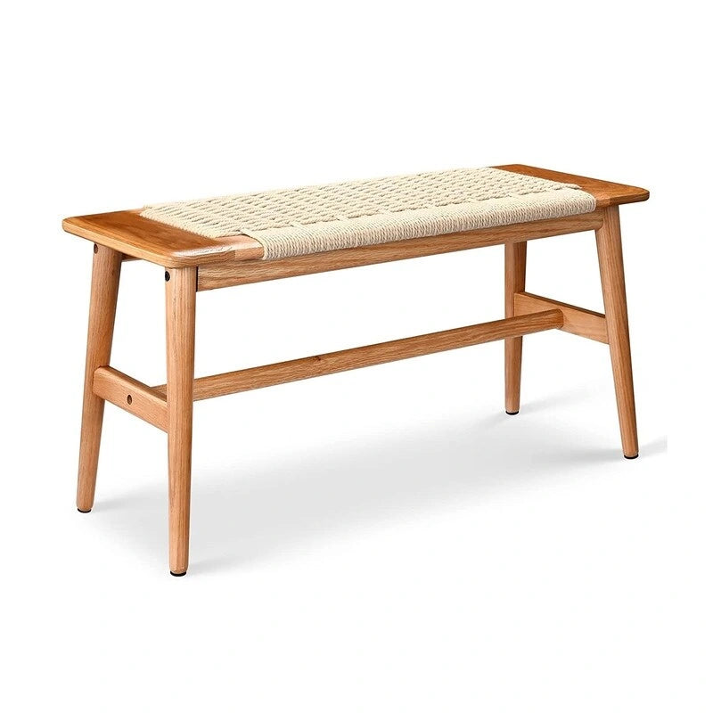 Grondin Boho Style Indoor Solid Oak Wood Bench with Woven Rope Seat and Mortise Tenon Joint for Entryway Bedroom Dining Room