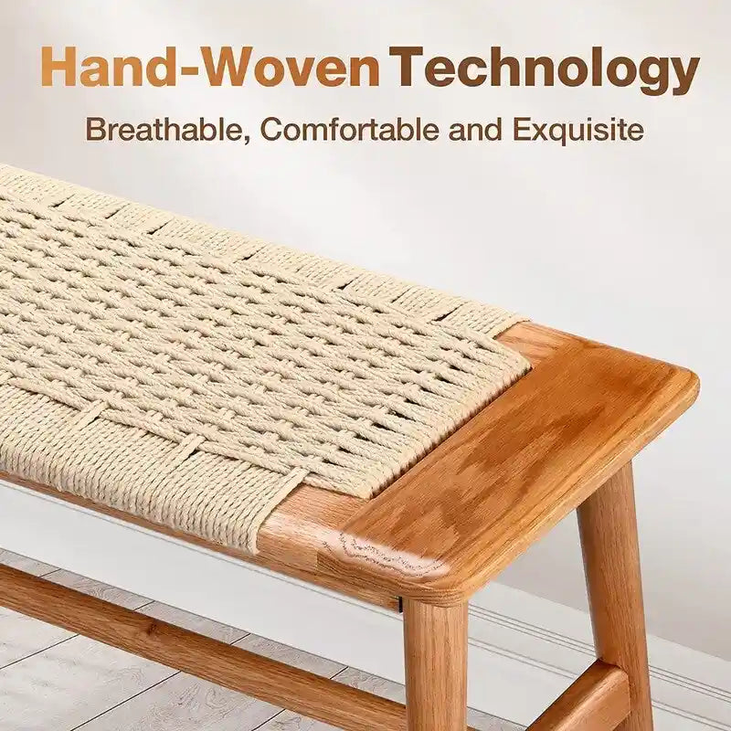 Grondin Boho Style Indoor Solid Oak Wood Bench with Woven Rope Seat and Mortise Tenon Joint for Entryway Bedroom Dining Room