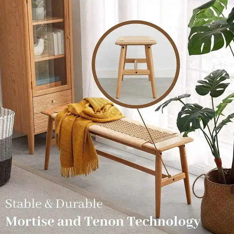 Grondin Boho Style Indoor Solid Oak Wood Bench with Woven Rope Seat and Mortise Tenon Joint for Entryway Bedroom Dining Room
