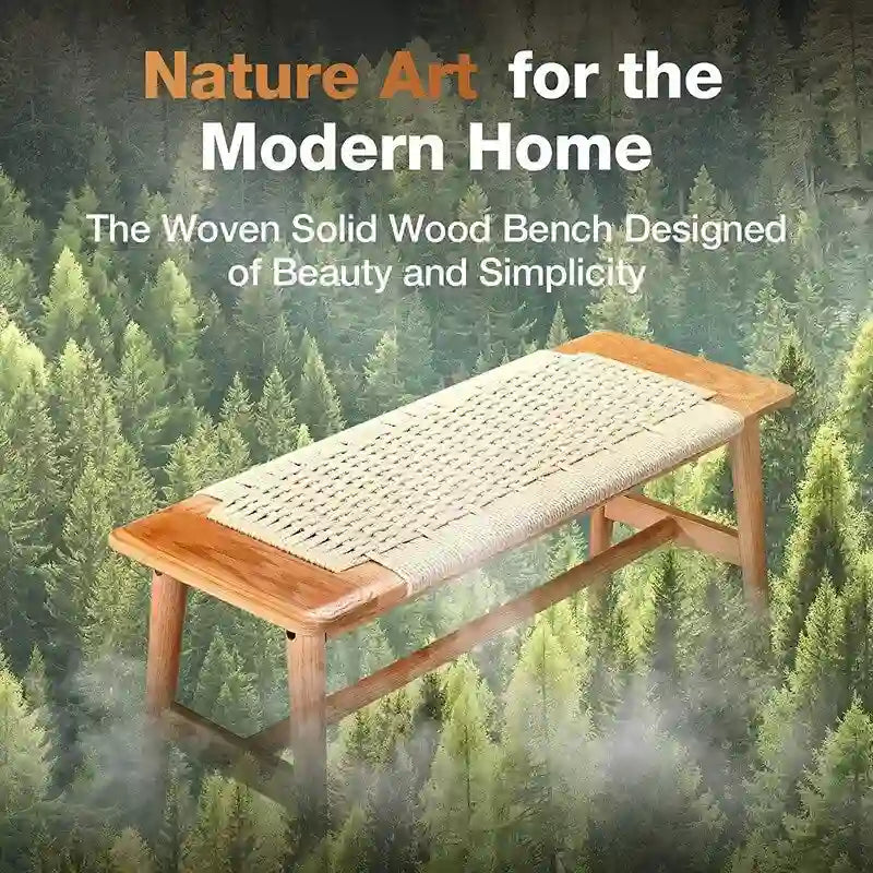 Grondin Boho Style Indoor Solid Oak Wood Bench with Woven Rope Seat and Mortise Tenon Joint for Entryway Bedroom Dining Room