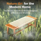 Grondin Boho Style Indoor Solid Oak Wood Bench with Woven Rope Seat and Mortise Tenon Joint for Entryway Bedroom Dining Room