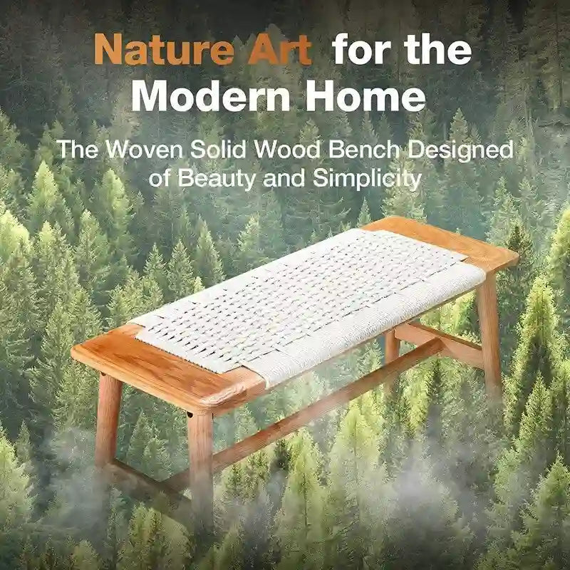 Grondin Boho Style Indoor Solid Oak Wood Bench with Woven Rope Seat and Mortise Tenon Joint for Entryway Bedroom Dining Room