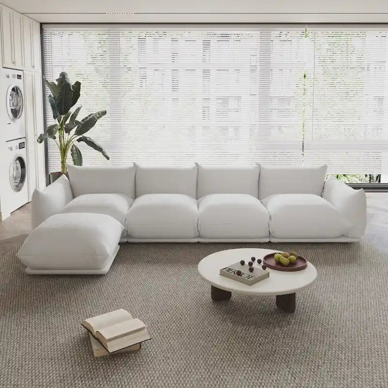 130.7 L-shape Chenille Modular Sofa Modern Sectional Semi-firm Sofa Couch with Ottoman